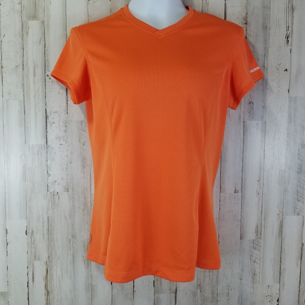 5/$25 Merrell Womens Athletic Top M Orange opti-wick V Neck Short Sleeve X6